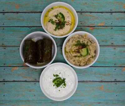 Authentic Greek appetizer combo featuring hummus, babaganoush, tzatziki, and dolmades at Yanni's Gyros