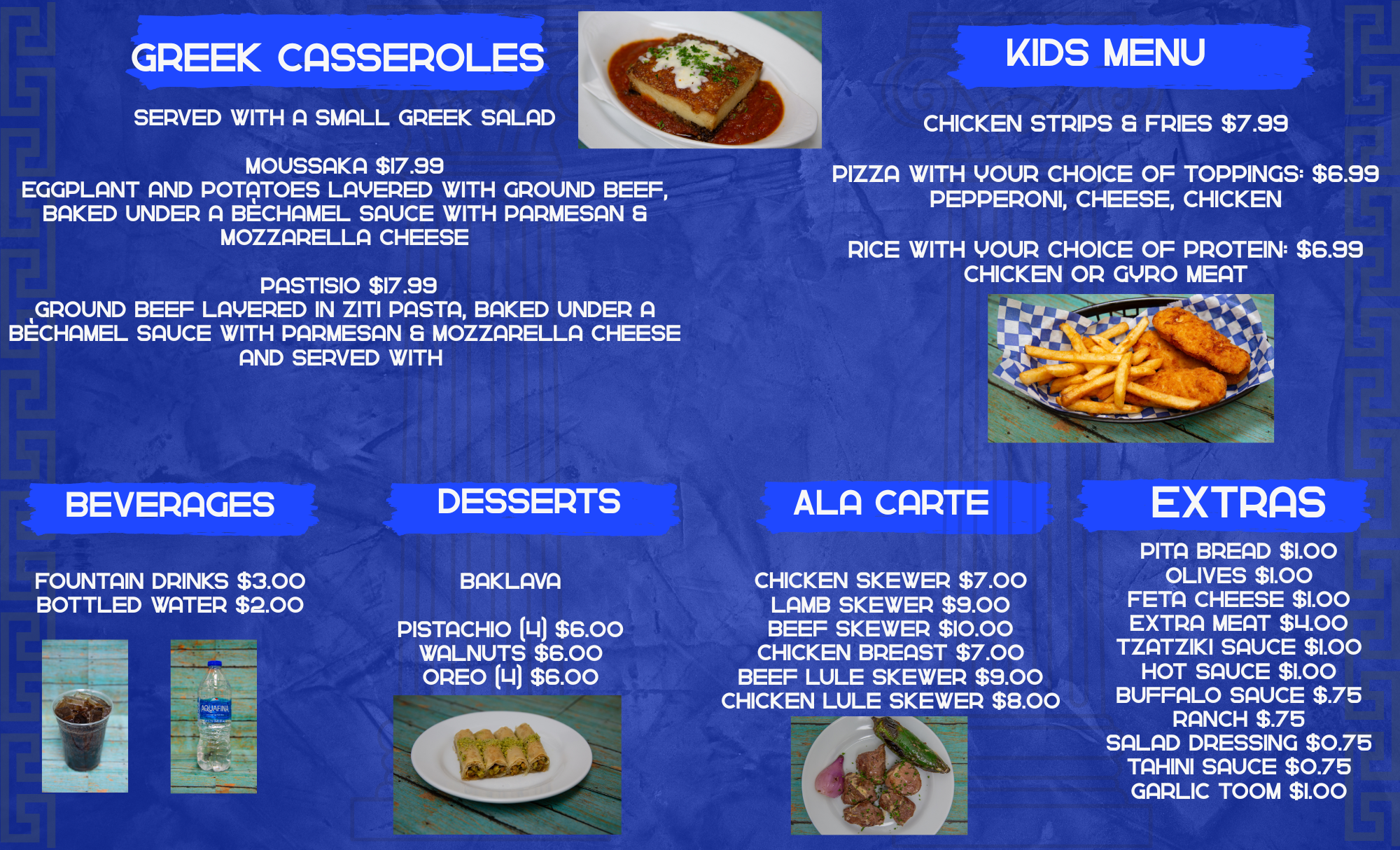 Greek Casseroles, Kids Menu, Beverages, Desserts, A La Carte, and Extras menu featuring moussaka, pastitsio, kids chicken strips, pizza, beverages, baklava, and extras